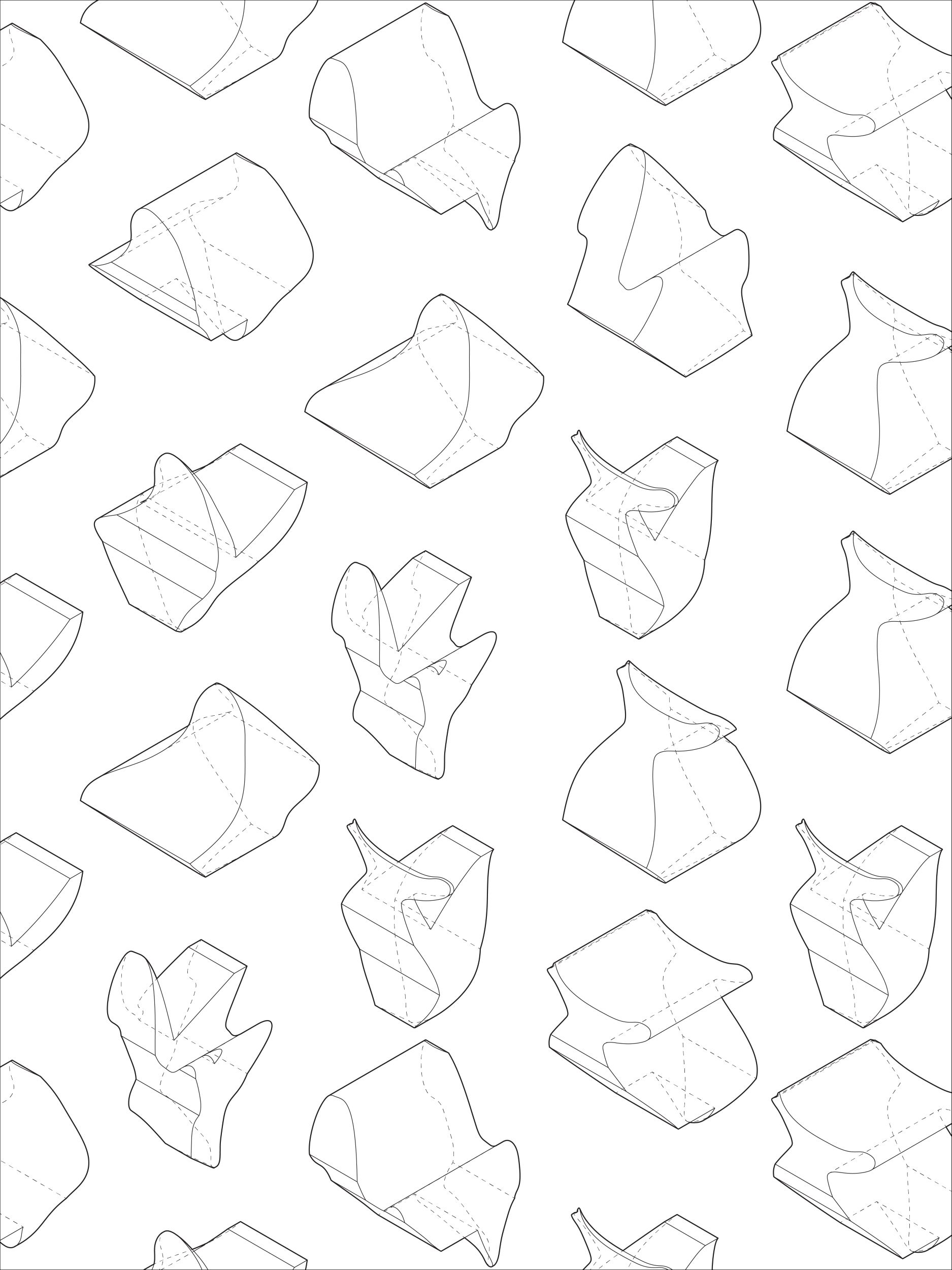 Abstract objects created in Rhinoceros to practice 3D manipulation techniques and formatted for display in Illustrator.