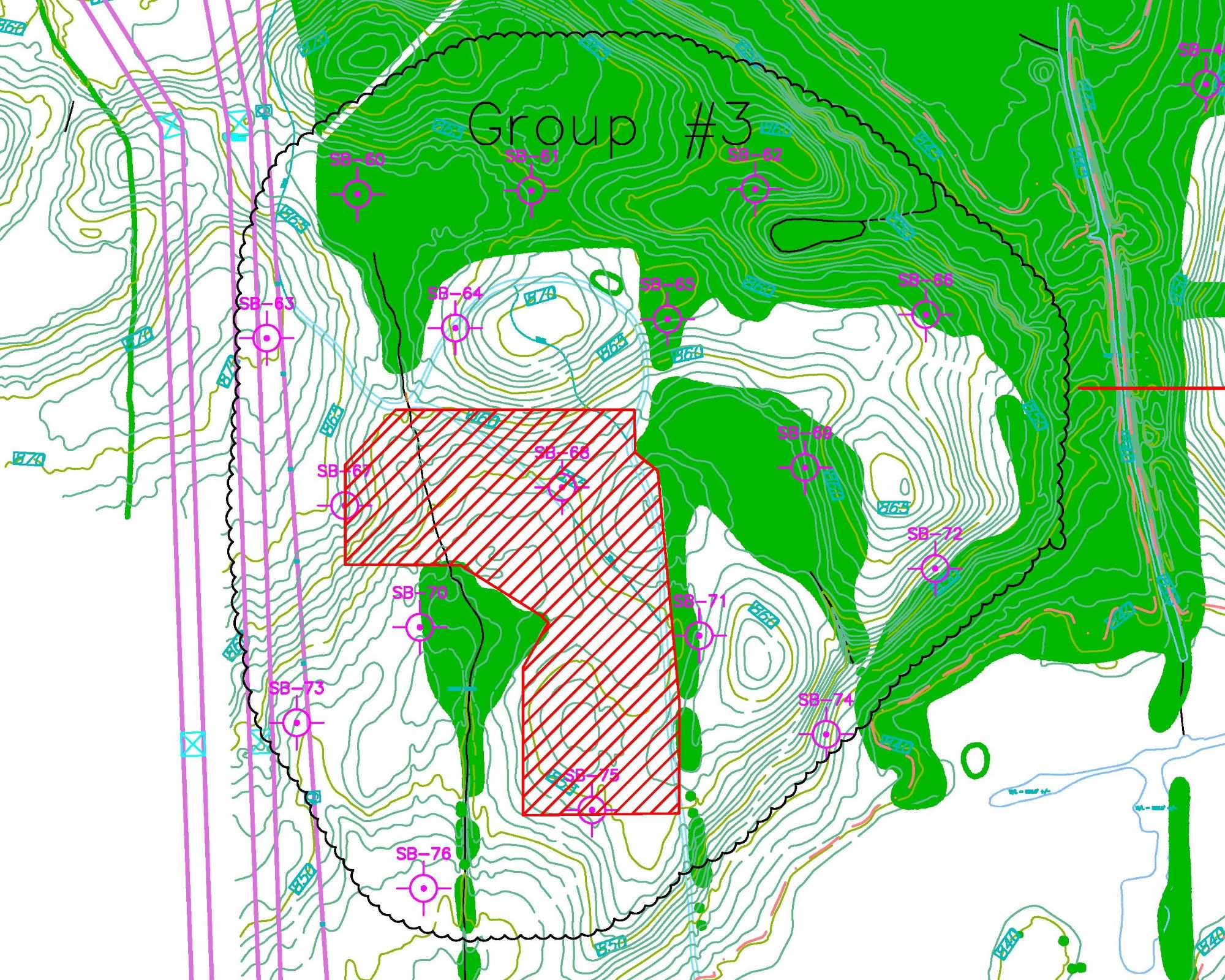 Site plan showing buildable area, drawn in AutoCAD over existing topography map. Project used a real site in Southeast Michigan.