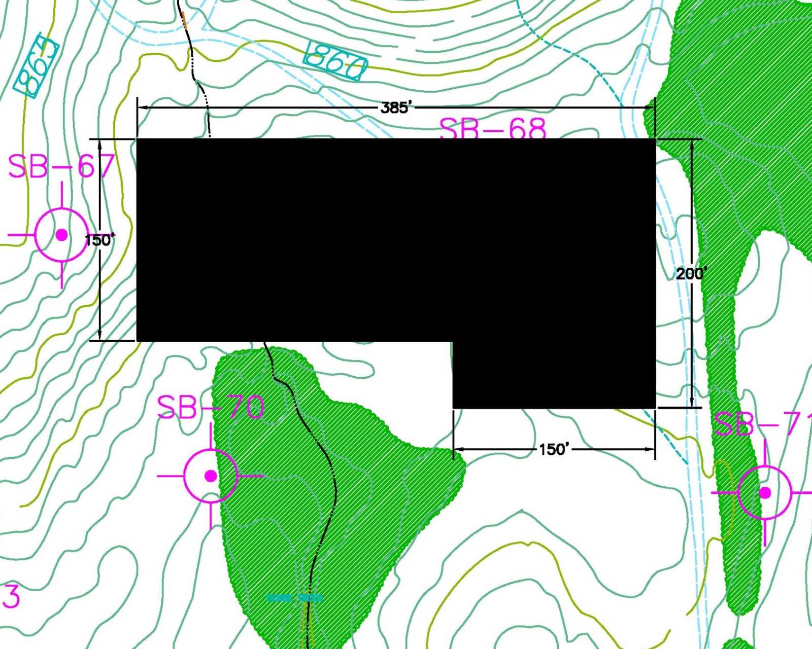 Three building footprints considered, drawn in AutoCAD.