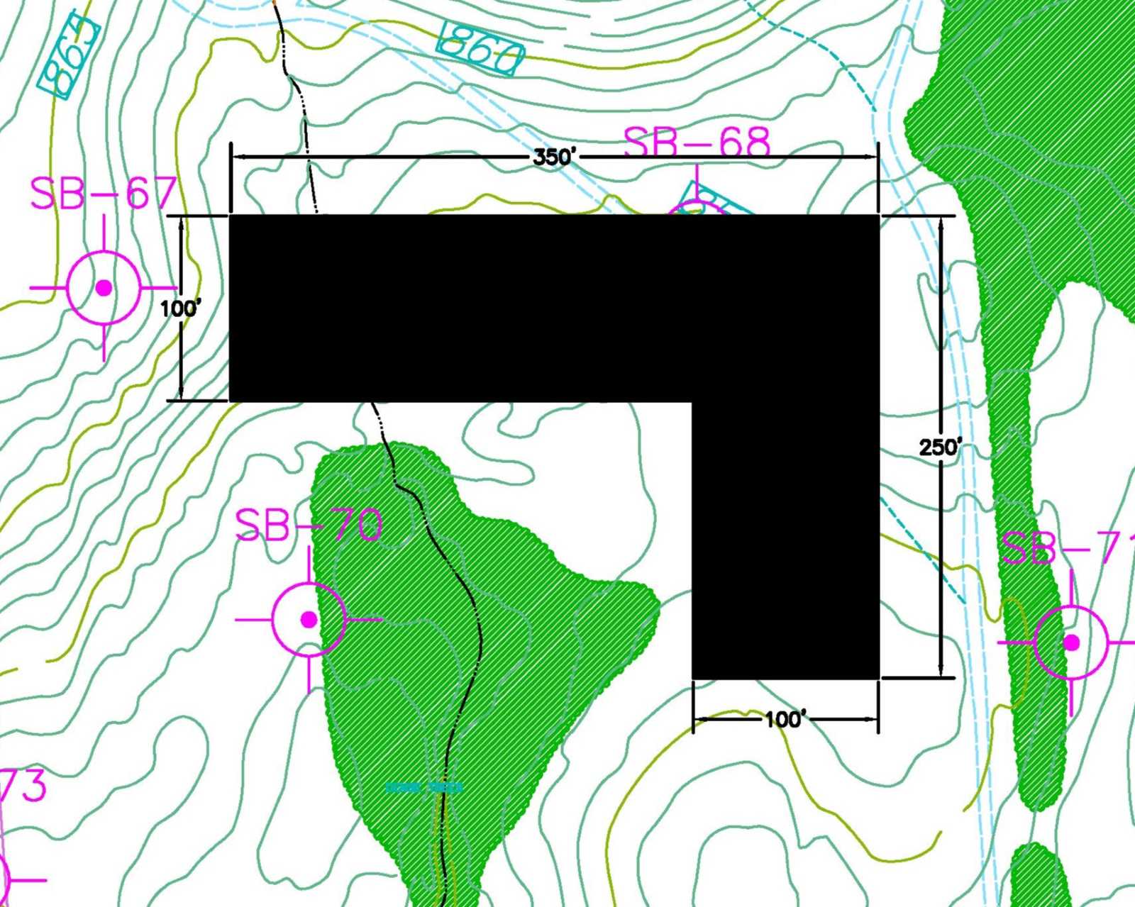 Three building footprints considered, drawn in AutoCAD.