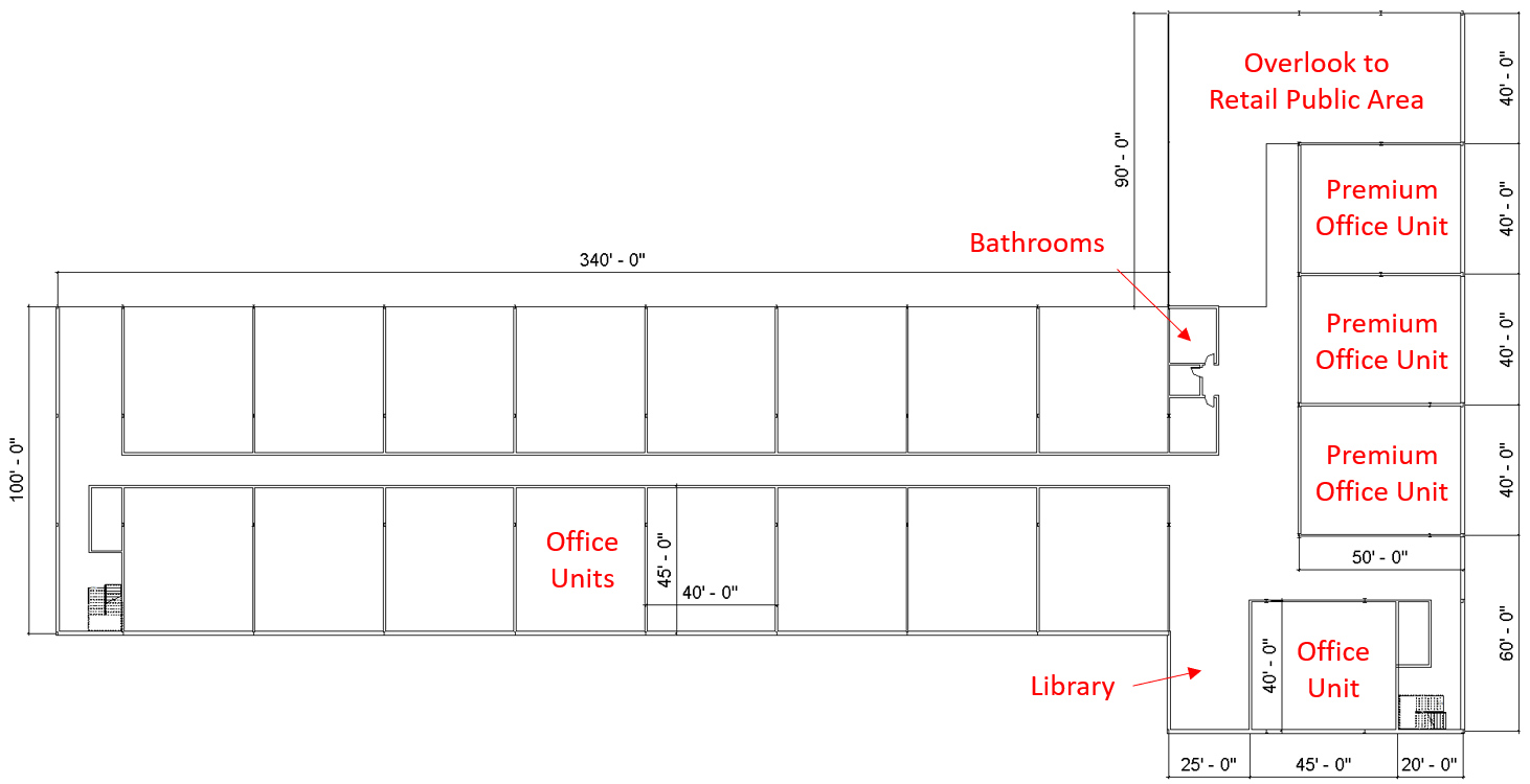 Floor plans for residential, office, and retail floors, drawn in Revit. Devised to meet client and code requirements as well as to maximize client’s income potential. Designing floor plans was a team effort.