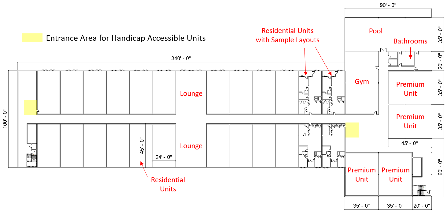 Floor plans for residential, office, and retail floors, drawn in Revit. Devised to meet client and code requirements as well as to maximize client’s income potential. Designing floor plans was a team effort.