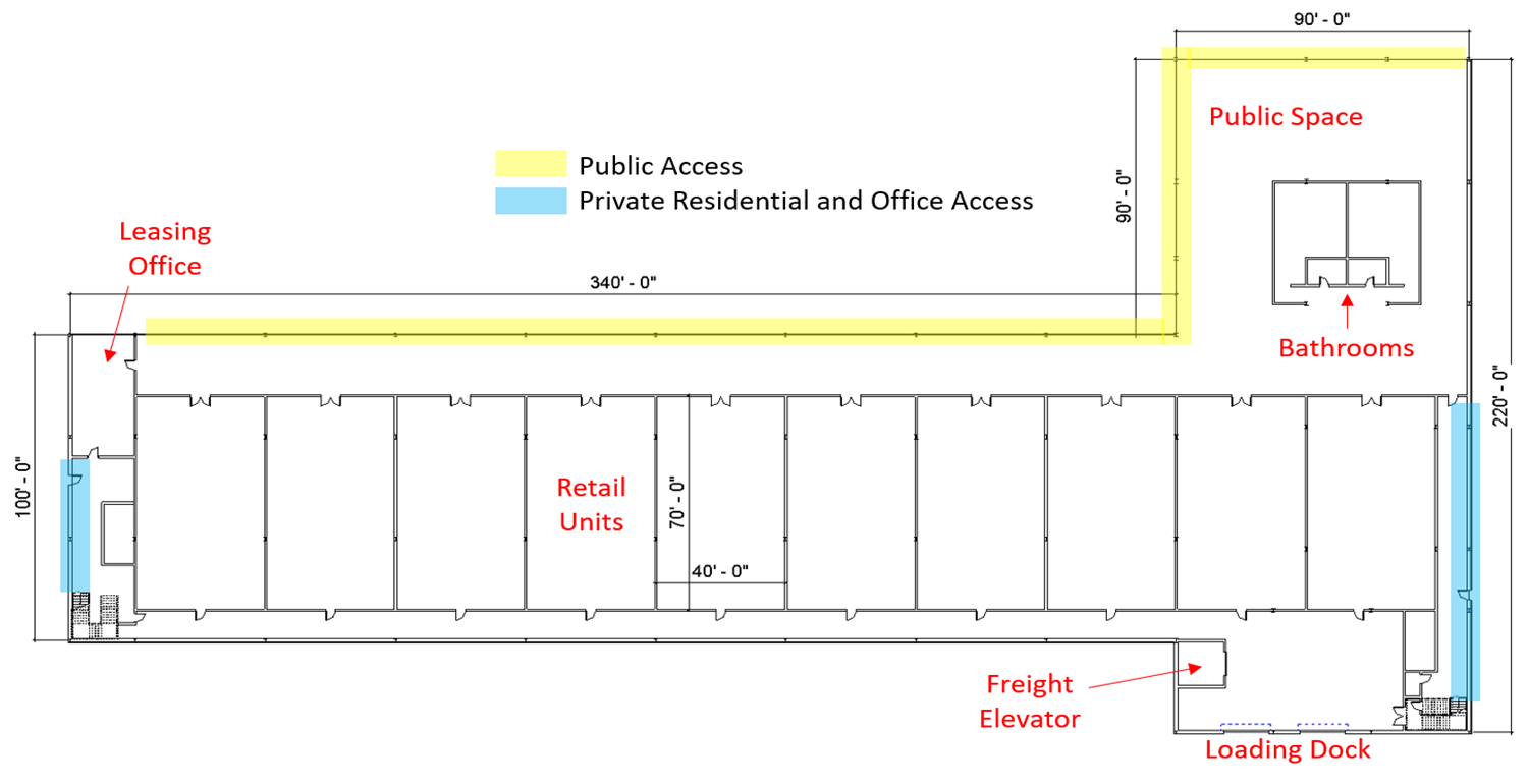 Floor plans for residential, office, and retail floors, drawn in Revit. Devised to meet client and code requirements as well as to maximize client’s income potential. Designing floor plans was a team effort.