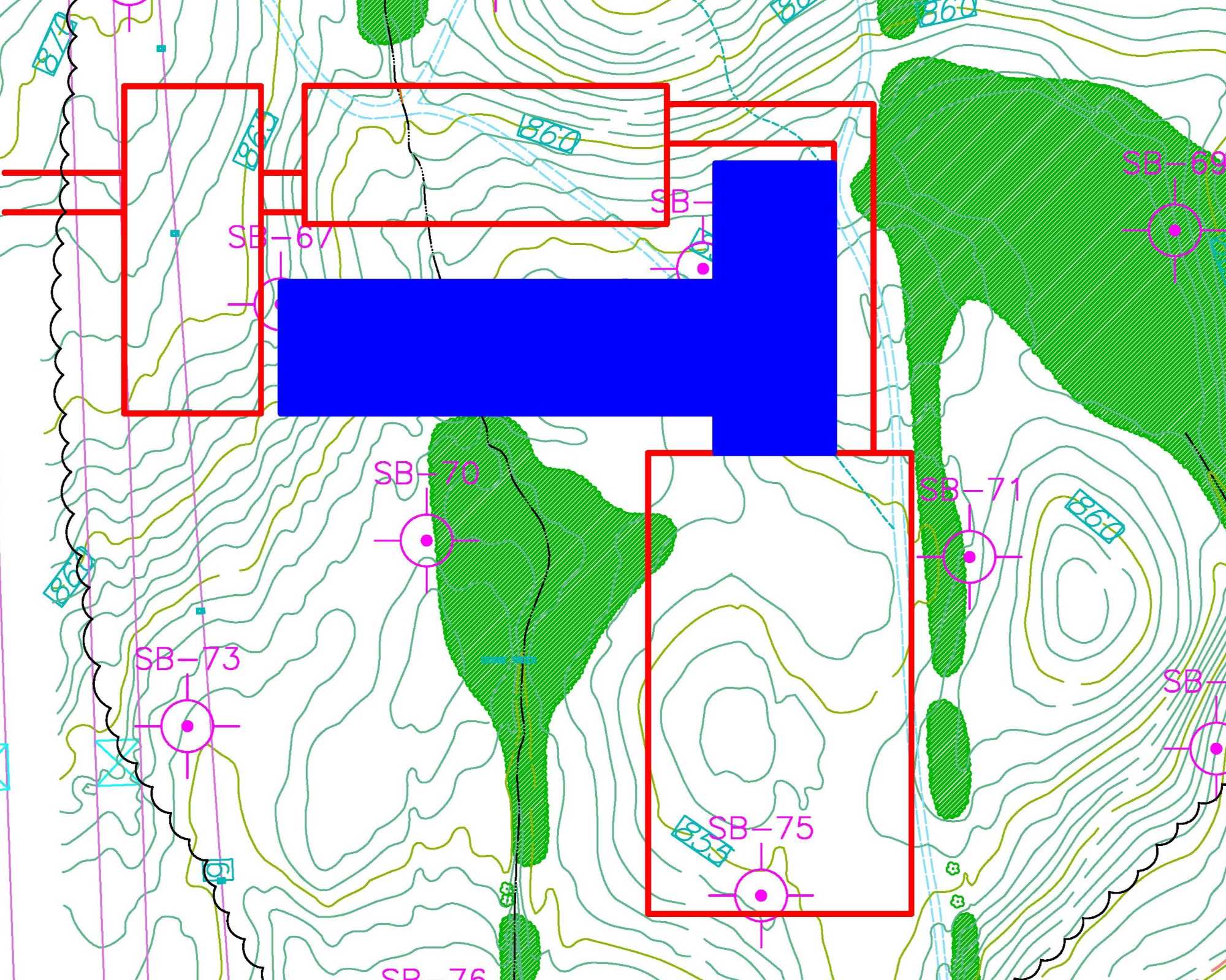 Final building footprint selected along with parking areas and driveways, drawn in AutoCAD. Selecting final footprint was a team effort.