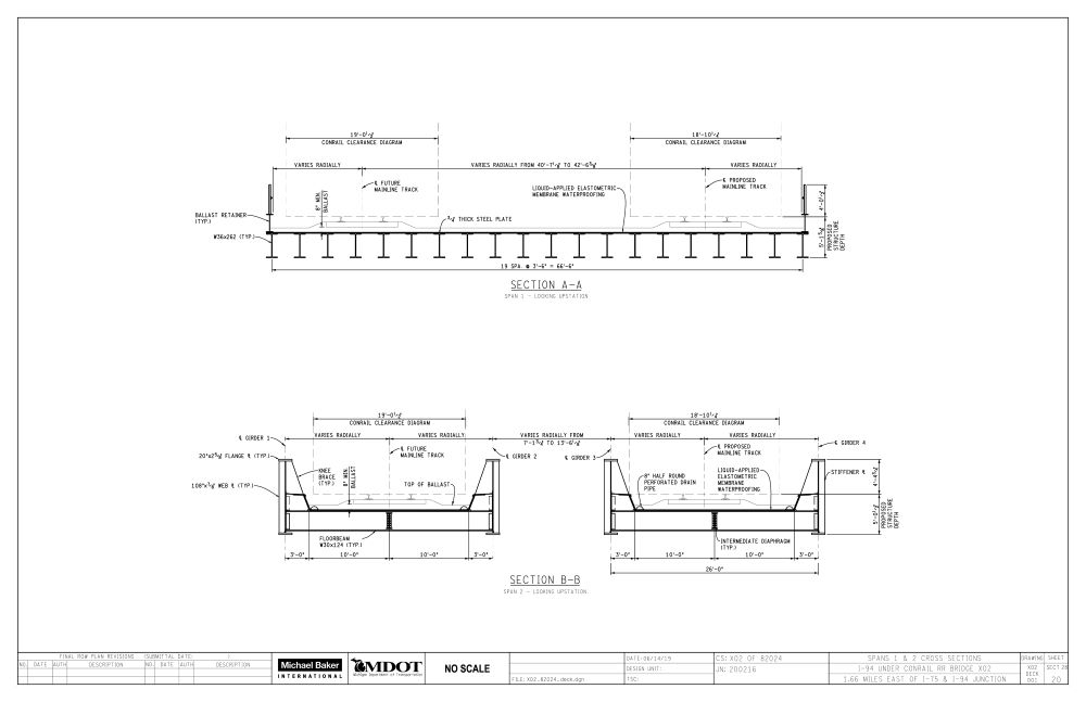 Type, size, and location (TS&L) drawings, created in MicroStation, to show foundation system, bridge structure, and construction staging. My role was to calculate bearing seat elevations, draft the bridge design, and make final layouts.